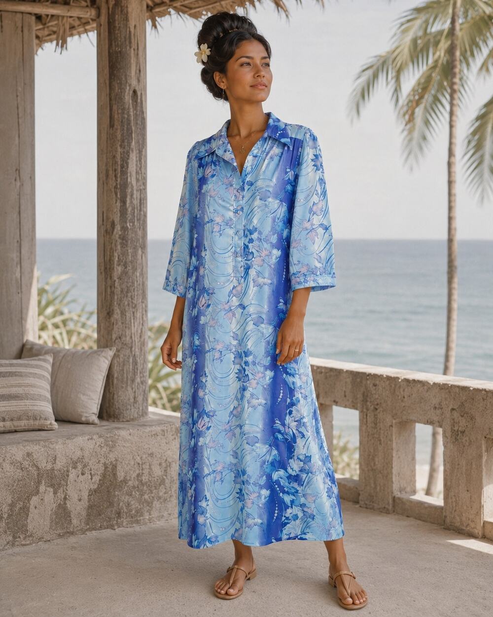 Vintage Hawaiian Surf Blue Maxi Dress Women’s 8 Retro 70s